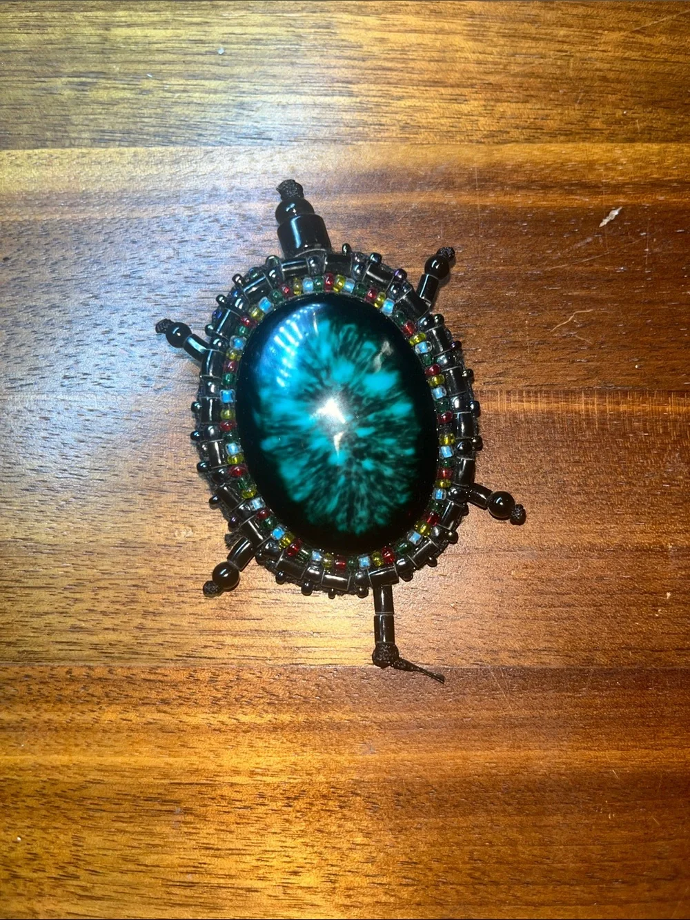 Handmade Teal Cabochon Turtle Beaded Brooch with Rainbow & Black Accents NEW